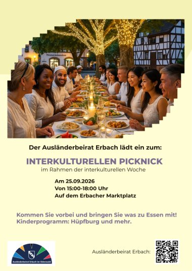 Interkulturelles Frühstück Flyer mit Bild von Menschen an einem langen gedeckten Tisch