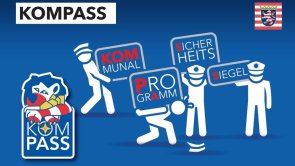 Kompass-Logo Gezeichnetesk-Logo mit Männchen und Löwen