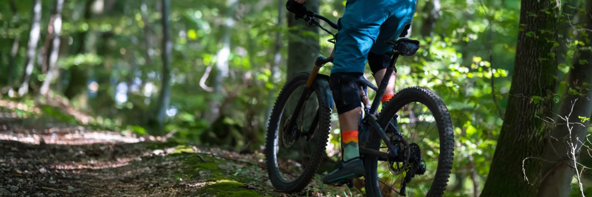 Mountainbike-Fahrer im Wald Mountainbikefahrer fährt ein Bike durch einen Wald an einem sonnigen Tag.