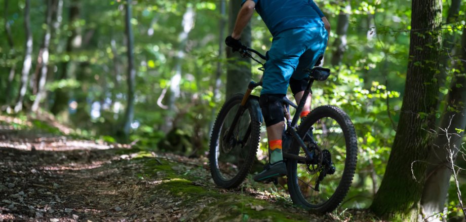 Mountainbike-Fahrer im Wald Mountainbikefahrer fährt ein Bike durch einen Wald an einem sonnigen Tag.